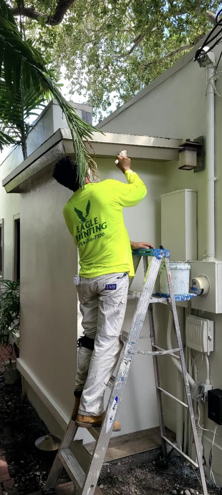 Eagle painter on a ladder cutting in trim on a stucco house