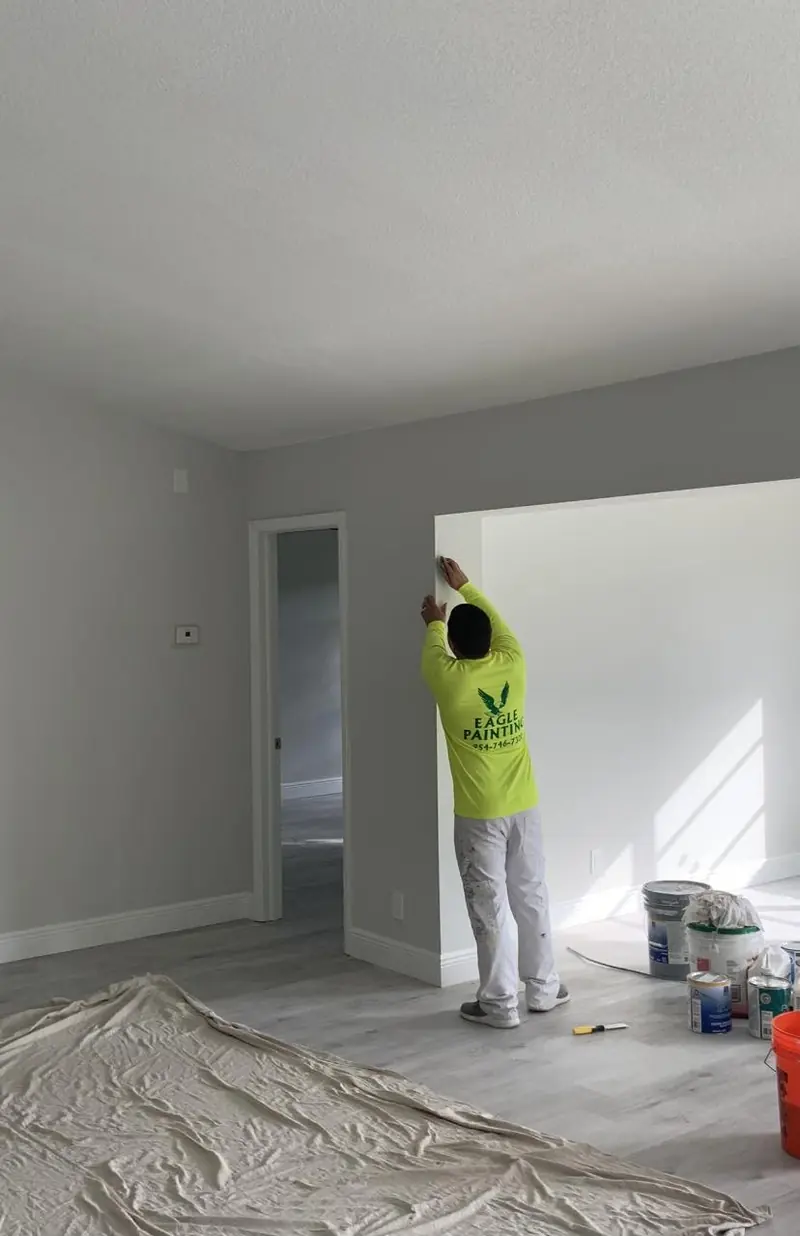 Empty room with drop cloths down and an Eagle painter cutting in a corner