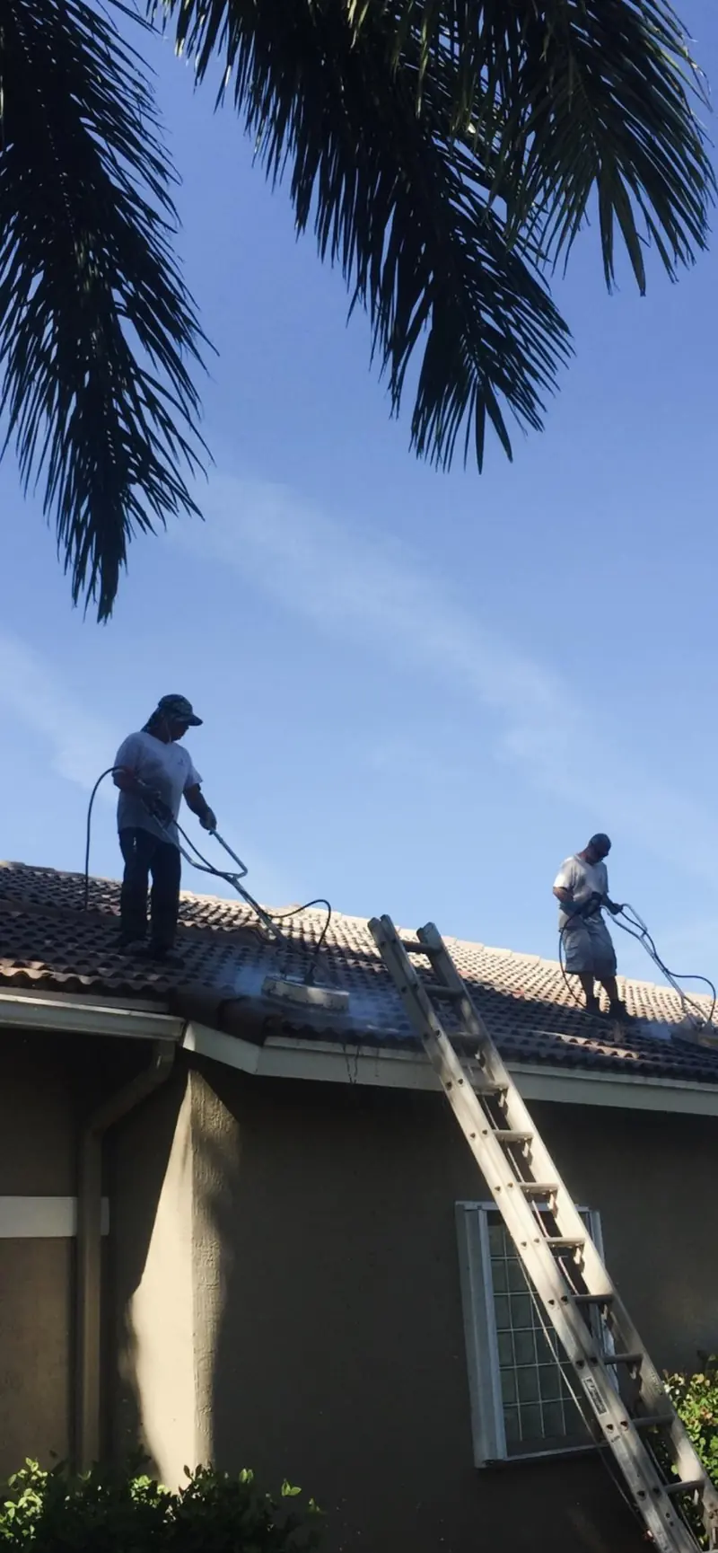 Two Eagle technicians washing a tile roof from the ridge and a ladder